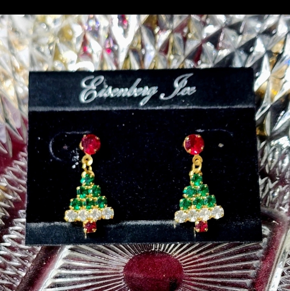 Vintage EISENBERG ICE Rhinestone Gold Tone Christmas Tree Post Earrings 1 Inch